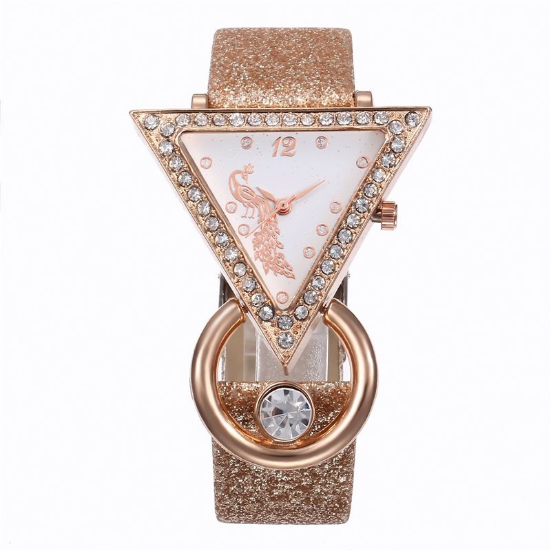 Unisex tillbehör inverterad triangel diamant frostat läder påfågelurtavla dam modeklocka casual smyckesset_voghion.com