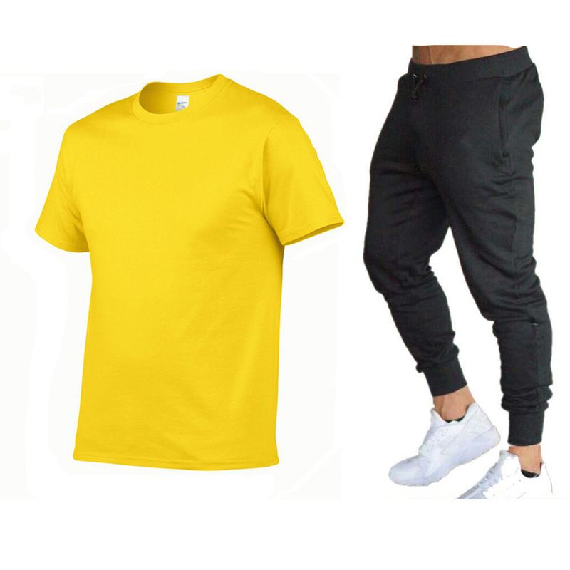 Vêtements d'été pour hommes, costume simple de couleur unie, T-shirt + pantalon en coton à col rond, ensemble deux pièces à la mode et polyvalent_voghion.com