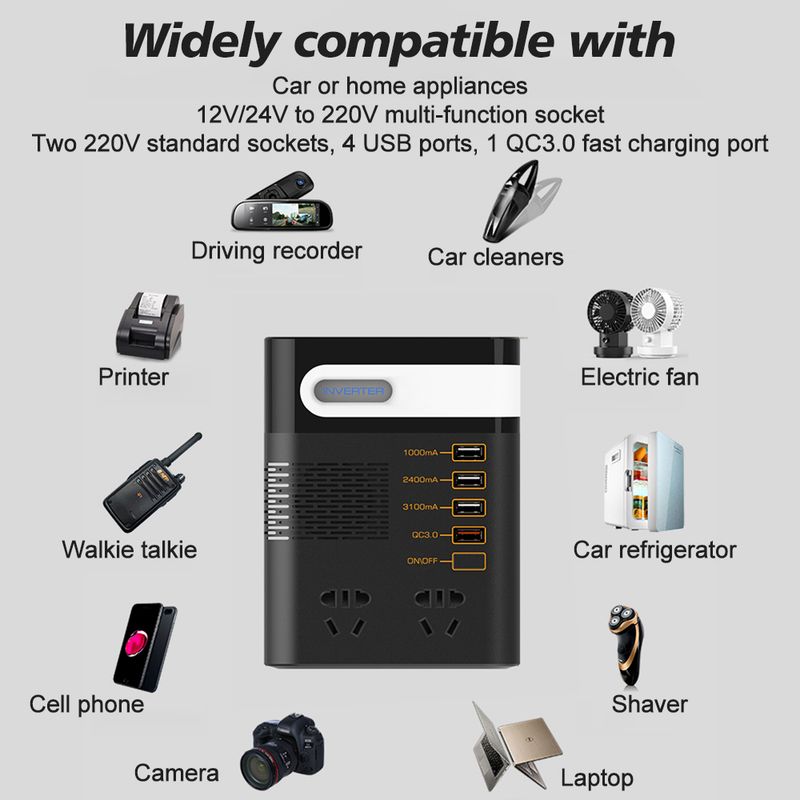 200-W-Autoladegerät 12 V DC auf 220 V AC Auto-Wechselrichter QC3.0 Schnelllade-USB-Ladegerät LKW-Auto-Wechselrichter Laptop-Telefonadapter_voghion.com