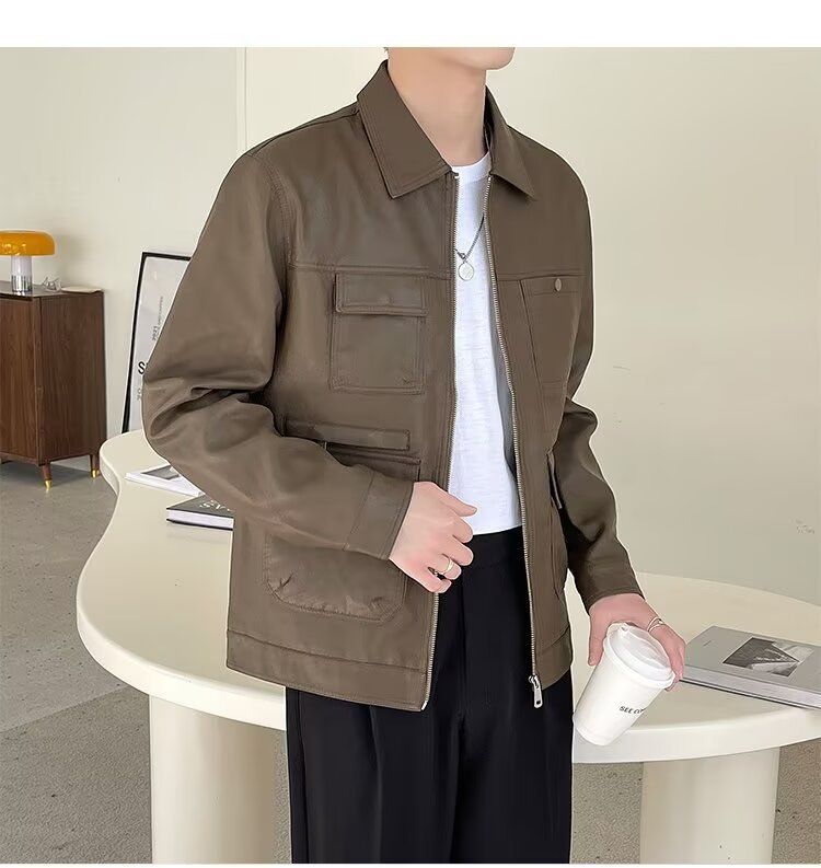 Herrenbekleidung Herbst und Winter Neue Revers Lederjacke Herren Lederjacke Jugendtrend Hübsche Motorradbekleidung Lässige leichte reife Oberteile Männer_voghion.com