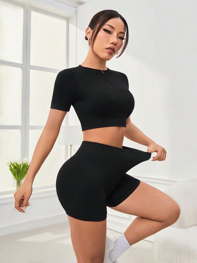 DFYNE Short de sport décontracté côtelé alternatif à manches courtes pour femme_voghion.com