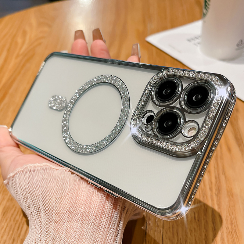 Luxus Transparent Glitter Wireless Charging Für Magsafe Fall Für iPhone 14 13 12 11 Pro Max Plus Plating Stoßstange Abdeckung fälle_voghion.com