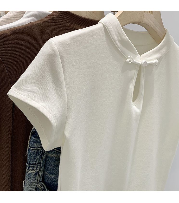 Women's Clothing national style design short-sleeved T-shirt women's summer stand-up collar button short top_voghion.com