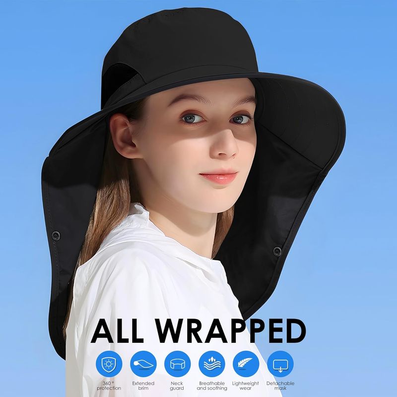 Outdoor Sun Hat Detachable Neck Face Flap UPF 50+UV Protection Visor Fishing Hats With Neck Flap For Men & Women_voghion.com