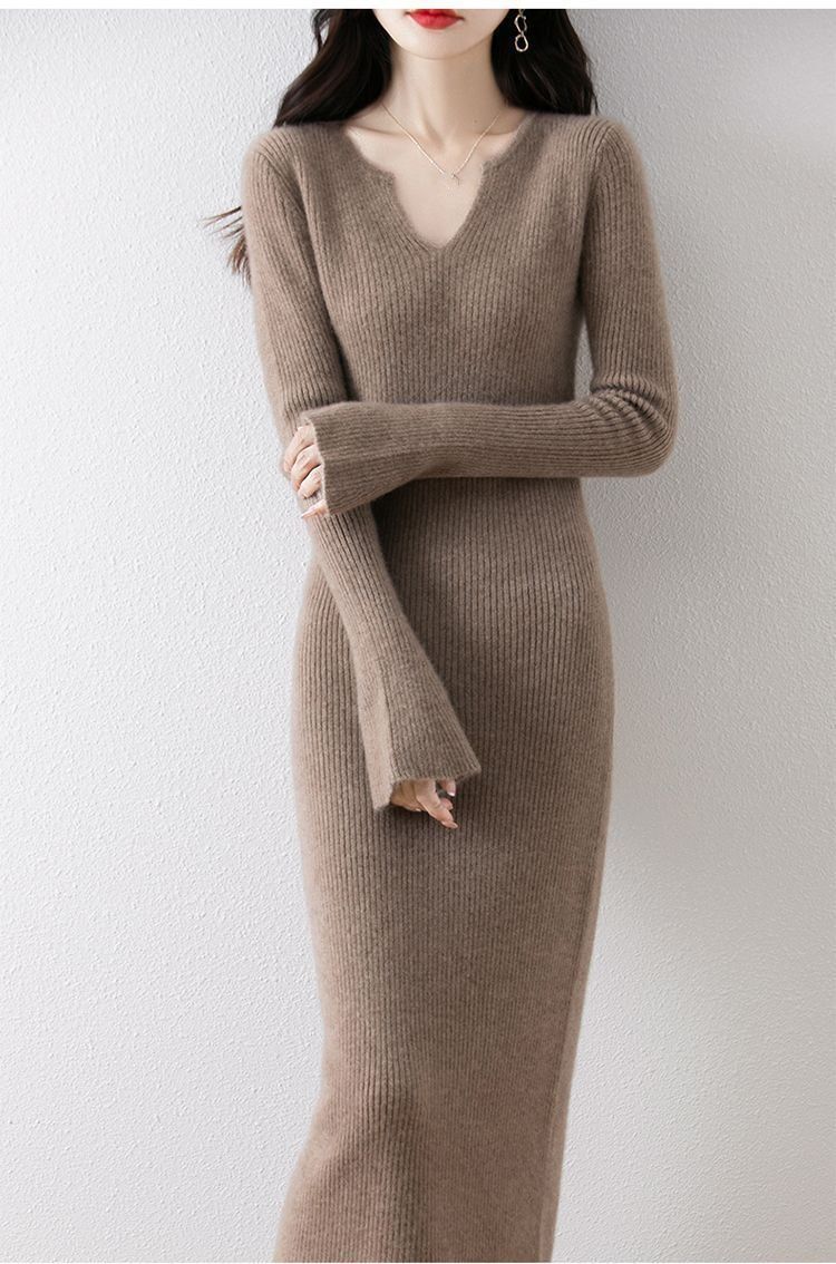 Maglione lungo con scollo a V da donna, nuovo ed elegante abito lavorato a maglia per autunno e inverno, vestibilità slim sopra il ginocchio, versatile strato di base_voghion.com