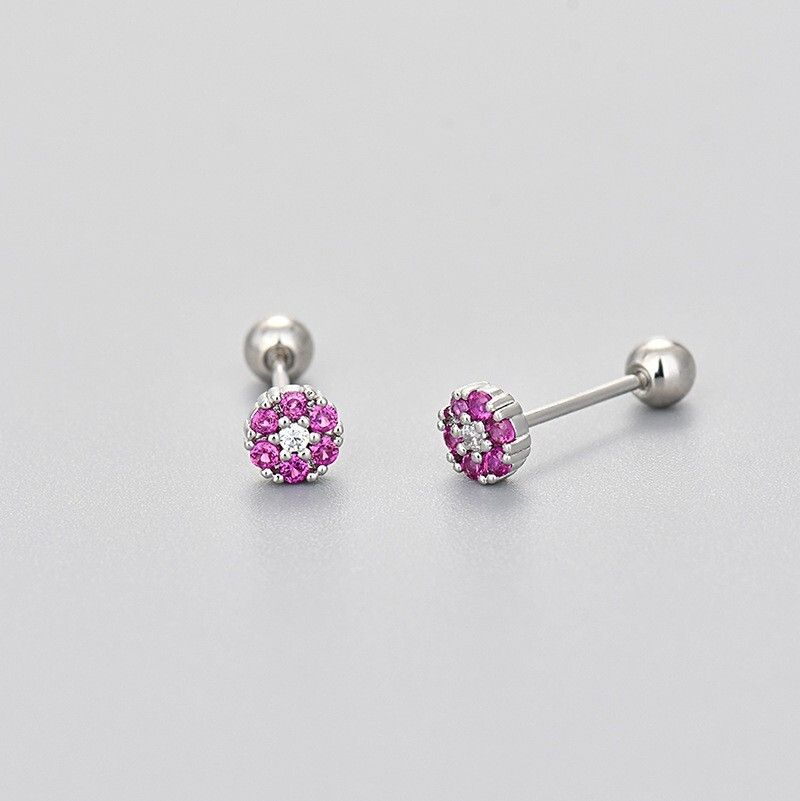 Orecchini a perno con chiusura a vite in argento sterling 925, piccoli fiori, turchese e zirconi cubici, 5 mm, B12_voghion.com