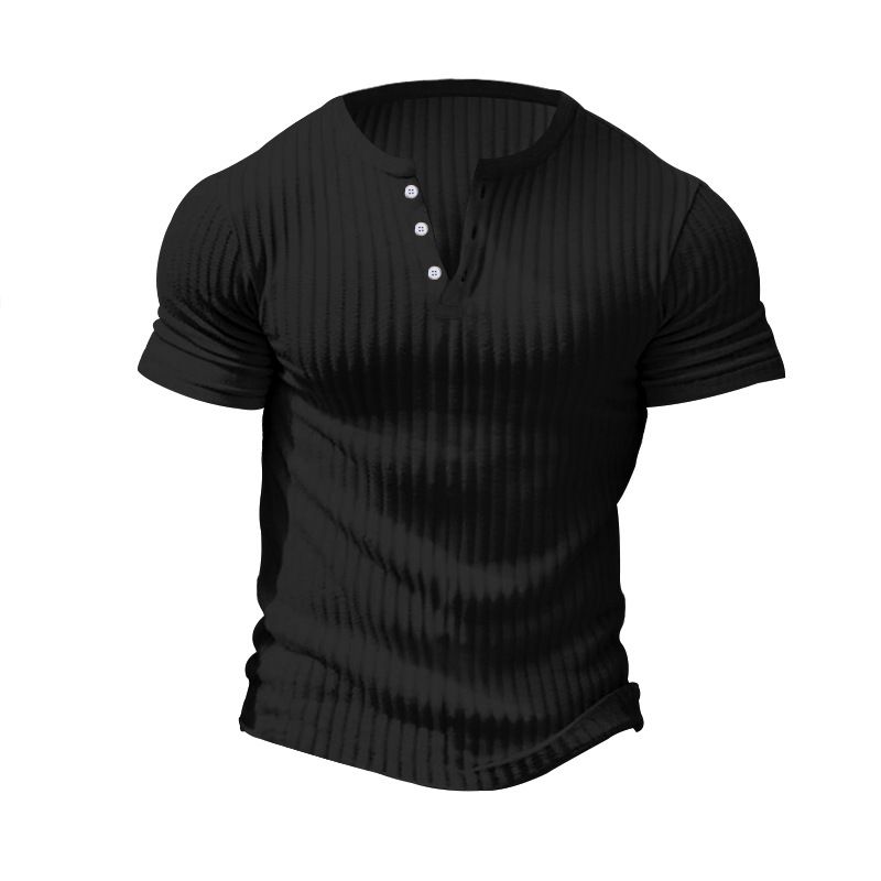 Solid Color Men's New Summer Versatile Short Sleeved Henley Shirt Casual Knitted T-shirt_voghion.com