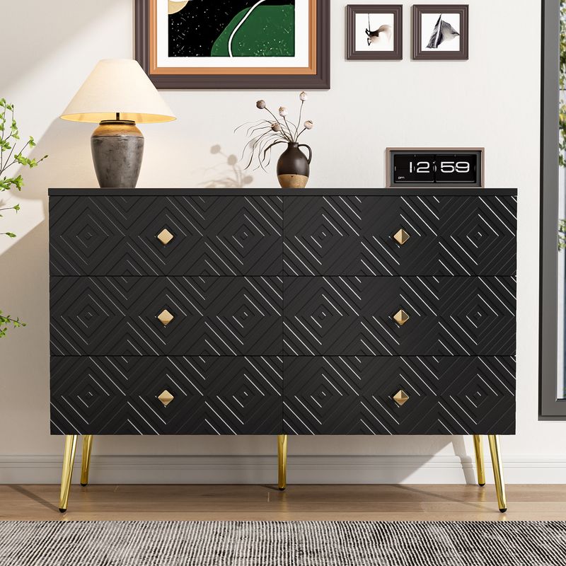 Kommode Schwarz 120x80cm Mit 6 Schubladen, Gold-Akzenten, Metallbeinen_voghion.com