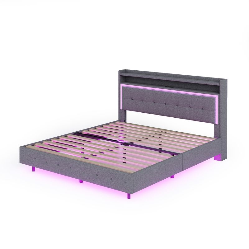 Polsterbett 140x200cm Con USB, LED, Fußen Versteckten, Leinenstoff Grau_voghion.com