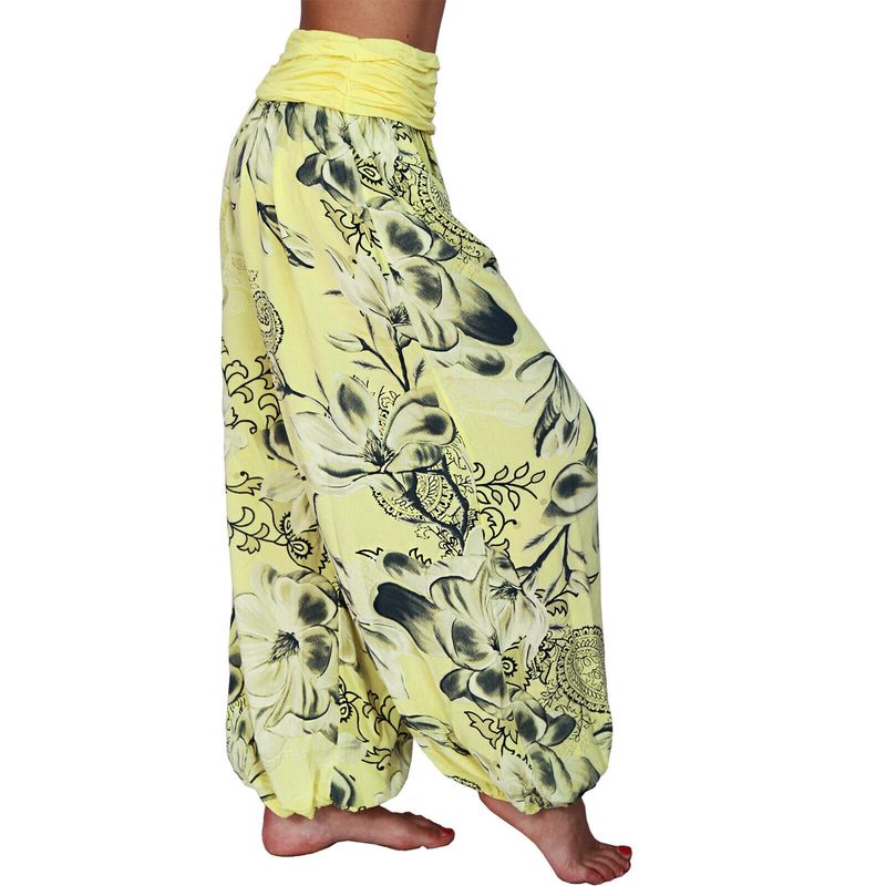 Plus Size Boho Pants, Women's Plus Floral Print Ruched Low Waist Loose Comfy Harem Pants_voghion.com