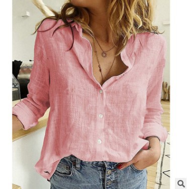 Damkläder Enfärgad ledig lös långärmad linneskjorta_voghion.com