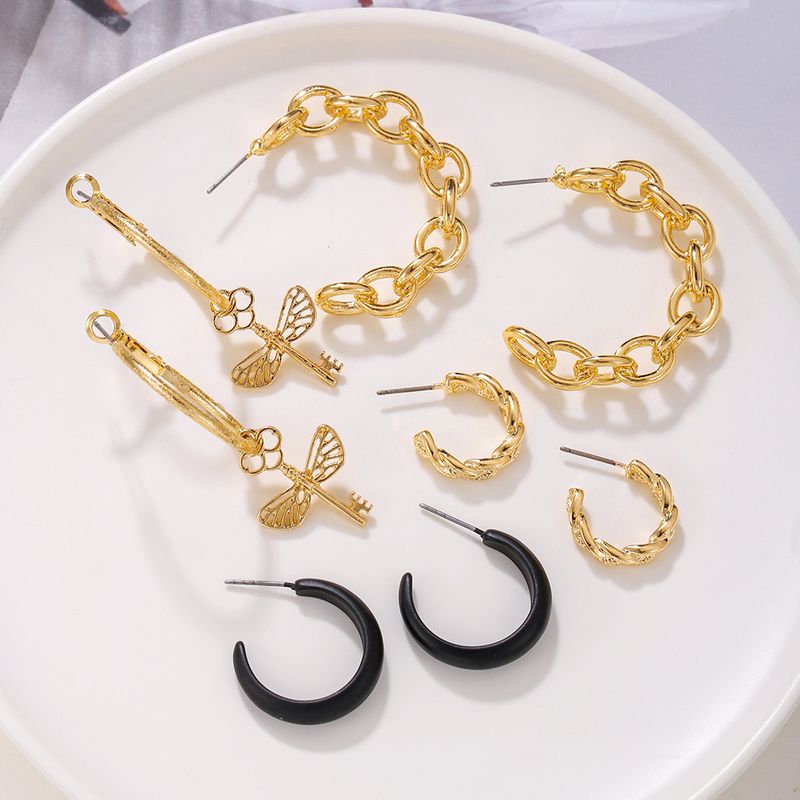 Metal Geometry Dragonfly Key Earrings Female Retro INS Style Mixed Color 4 Pair Earnail Combination Female_voghion.com