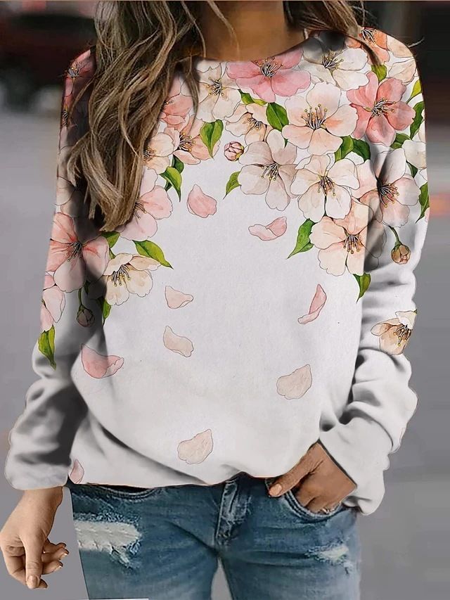 Felpa con cappuccio a maniche lunghe con stampa floreale e paesaggio da donna 2022_voghion.com