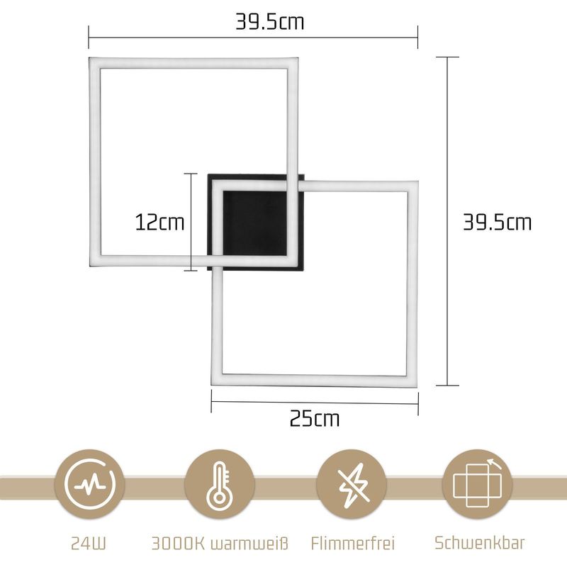 Glitzerlife Deckenlampe LED Deckenleuchte Schlafzimmer - 24W Wohnzimmerlampe Warmweiß Küchenlampe Modern Esszimmerlampe Schwarz Eckig Deckenleuchten_voghion.com