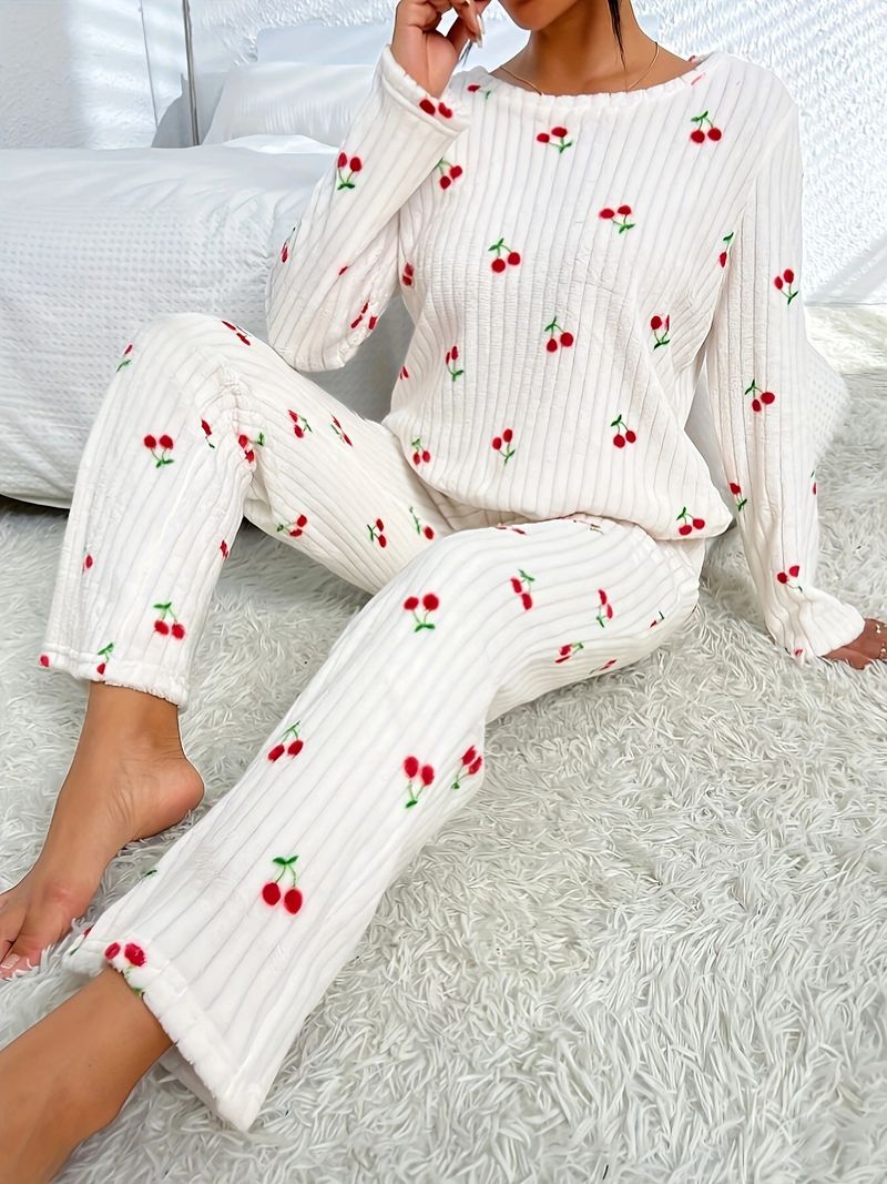 Pigiama da donna in pile stampato, caldo e con scollo rotondo, nuovo autunno e inverno_voghion.com