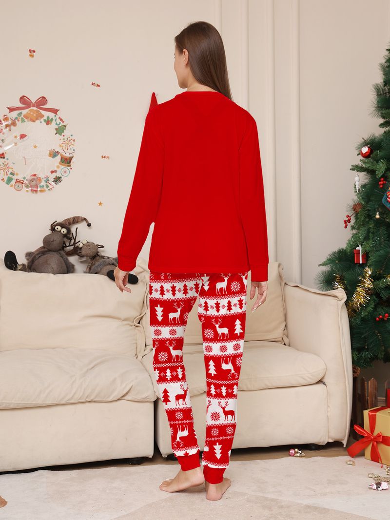 Christmas Red Parent Child Outfit For A Family Of Three Or Four, White Christmas Tree And Deer Print Home Clothes And Pajamas_voghion.com