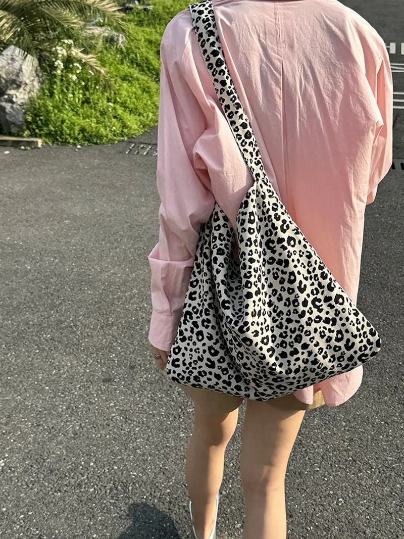 Women’s Bags Bag Same Style Leopard Print Canvas Bag Large Capacity Shoulder Bag Corduroy Shopping Bag Ins Style Star Model_voghion.com