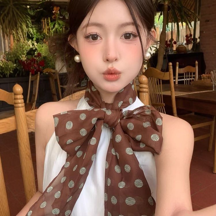 Spring And Autumn Brown Polka Dot Women's, Thin Head Scarf High-end Atmosphere, Versatile Necklace Scarf_voghion.com