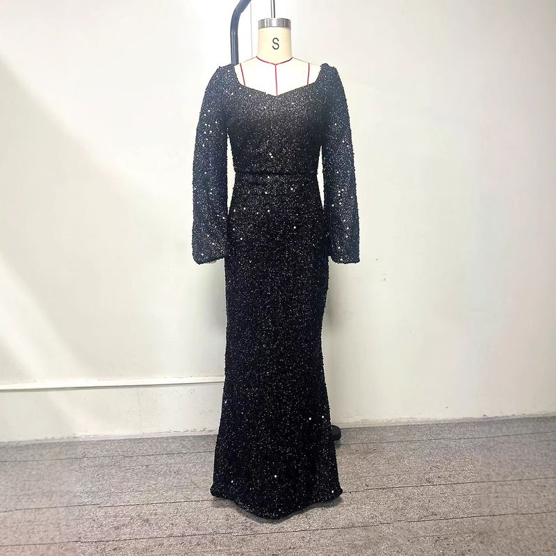 girl 2025 Spring Summer New Fashion V-neck Bodycon Sequin European And American Style Mid-waist Flared Sleeve Long Evening_voghion.com