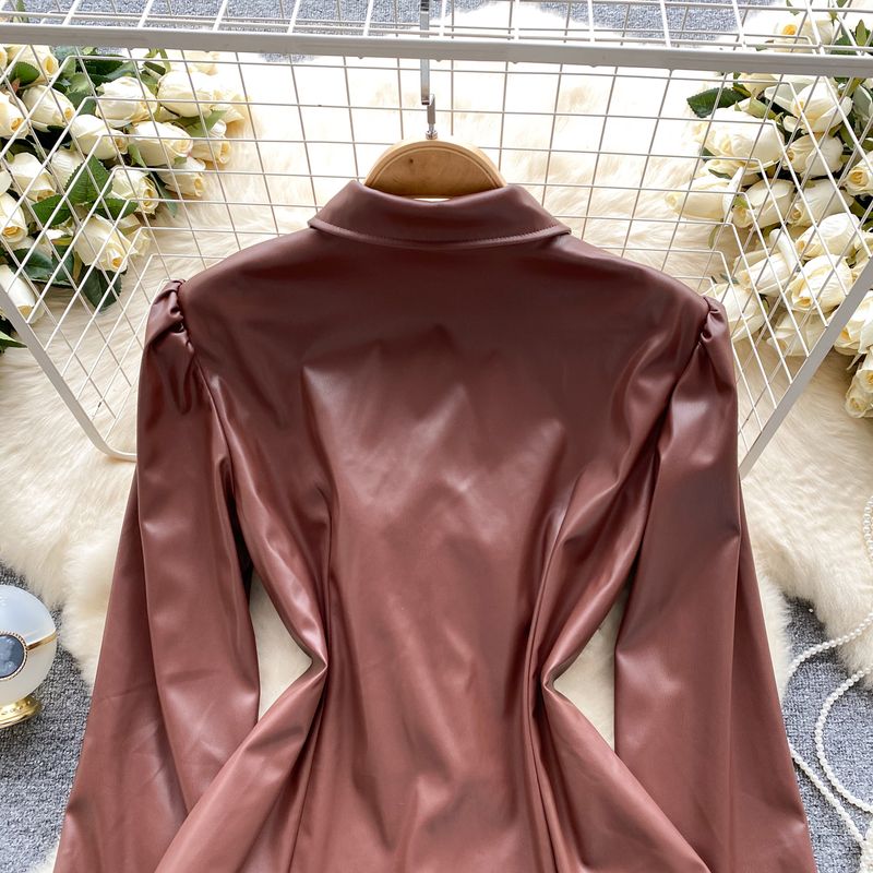Abbigliamento da donna Camicia in stile motociclistico moderno e retrò per donna autunno e inverno con volant in pelle PU design di nicchia chic street style_voghion.com