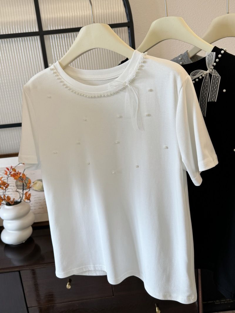 T-shirt décontracté à manches courtes et col rond pour femme, nouveau modèle d'été 2025, amincissant et polyvalent, avec bijoux incrustés_voghion.com