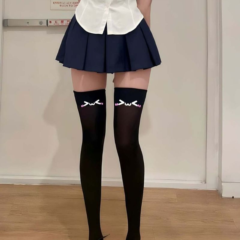 Medias largas de terciopelo con estampado de gato adorable por encima de la rodilla, estilo anime, para niña, estilo JK_voghion.com