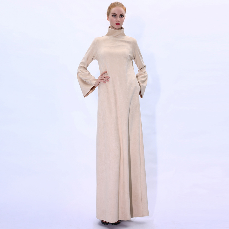 Women's beige all-in-one dress suede warm flared sleeves long skirt_voghion.com