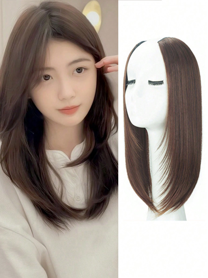 16 pulgadas media cabeza clavícula negro hebilla recta pelo largo femenino Natural Invisible una pieza de peluca_voghion.com