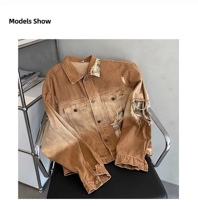 Vintage Distressed Denim Jacket With Gradient Color & Collar Design, Loose Fit Casual Coat For Men & Women_voghion.com