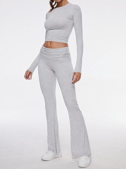 Damenbekleidung Neuer Rundhalsausschnitt, kurzer Stil, enger Hosenanzug mit niedriger Taille und Schlaghose_voghion.com