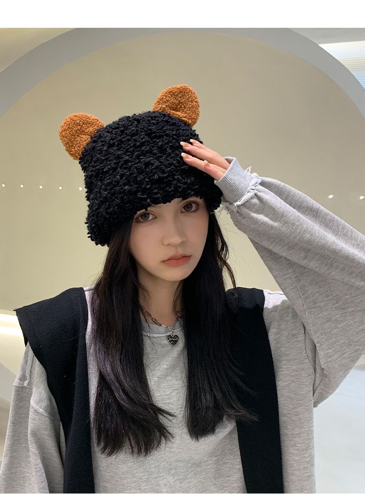 Plush And Thickened Knitted Hat Knit Beanie Winter Warm Fleece Lined Hat With Panda Design Soft Stretchy Ribbed Cuff For Cold Weather_voghion.com