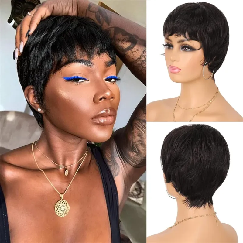 Kurze Pixie Cut Remy Echthaar Perücken Kleberfreie natürliche Farbe Volle maschinengefertigte Bob Perücke_voghion.com