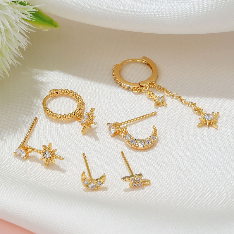 Star And Moon Chain Tassel Six Pointed Star Personality Fashion Zircon Set Female Earrings_voghion.com