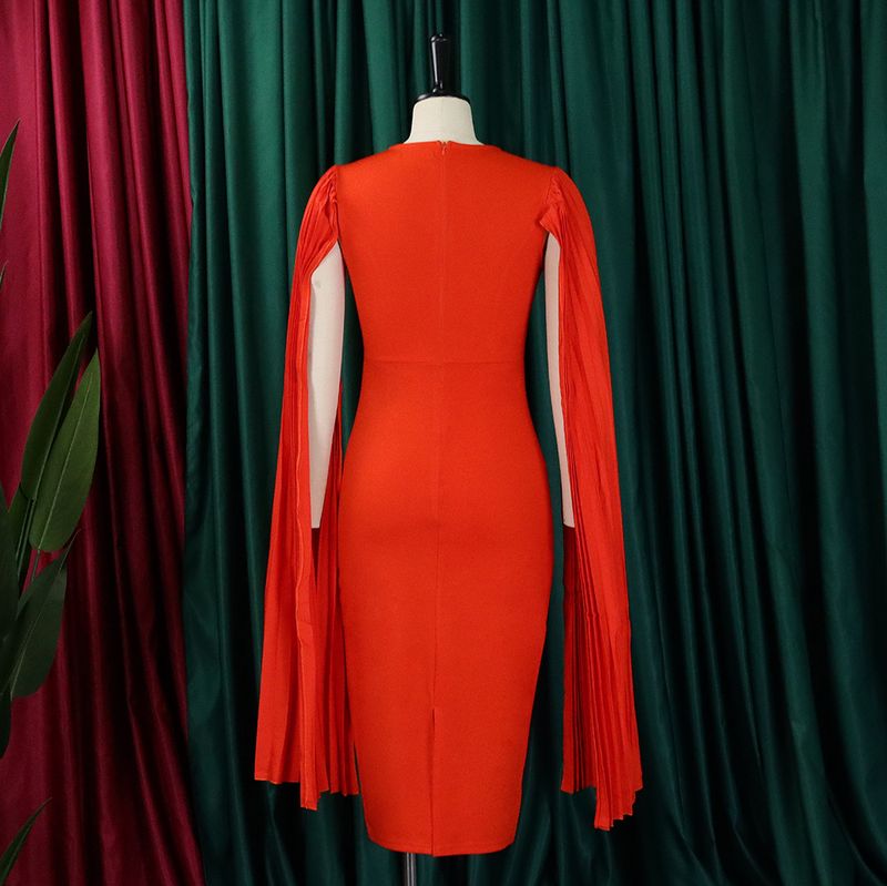 Plus Size Women's Spring Pleated Round Neck Elegant Solid Color Bodycon Dress_voghion.com