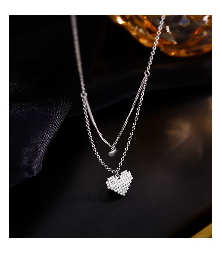 Silver Full Diamond Double Layer Heart Necklace Ins Design Sense, Niche Light Luxury Pendant, Collarbone Chain For_voghion.com