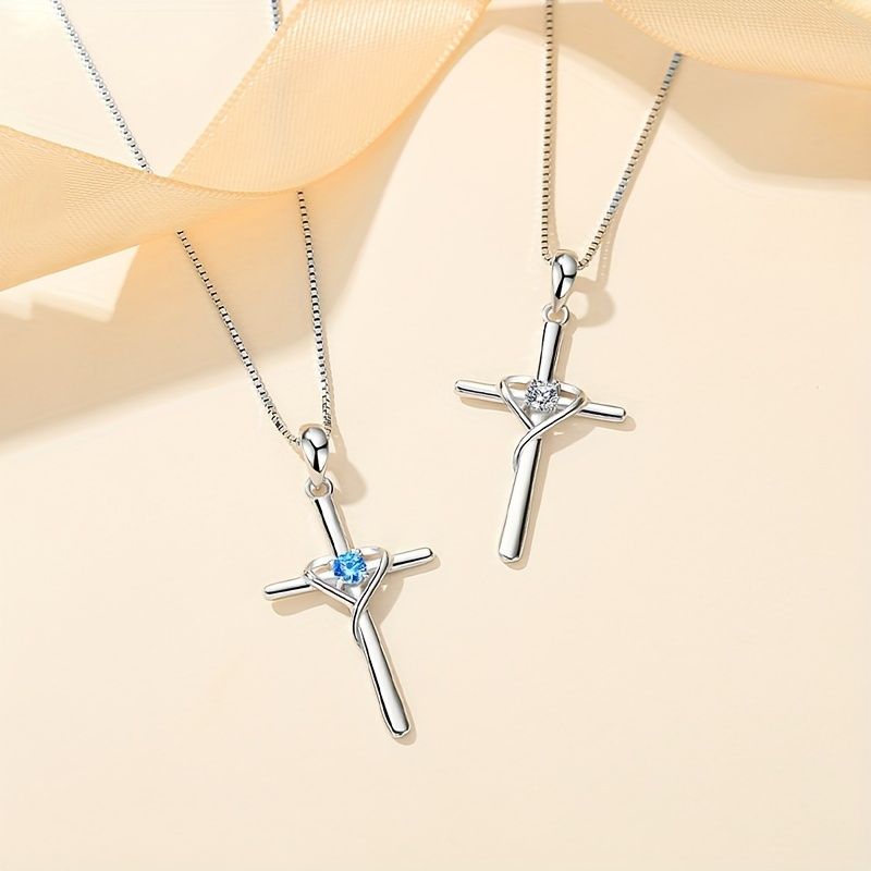 Collana con ciondolo a forma di croce a forma di cuore, in zircone, da donna, in acciaio inossidabile, con catena a scatola, in argento Sterling_voghion.com