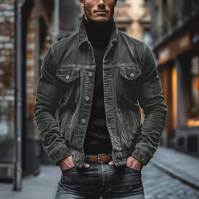 New autumn and winter men's pocket corduroy long sleeved striped lapel jacket_voghion.com