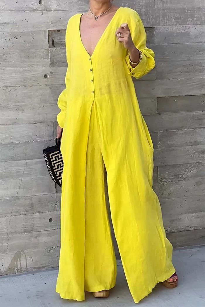Dameskleding Zomer Katoenen en linnen jumpsuit Damesmode Effen kleur V-hals jumpsuit met knoopjes Mid-taille jumpsuit met wijde pijpen_voghion.com