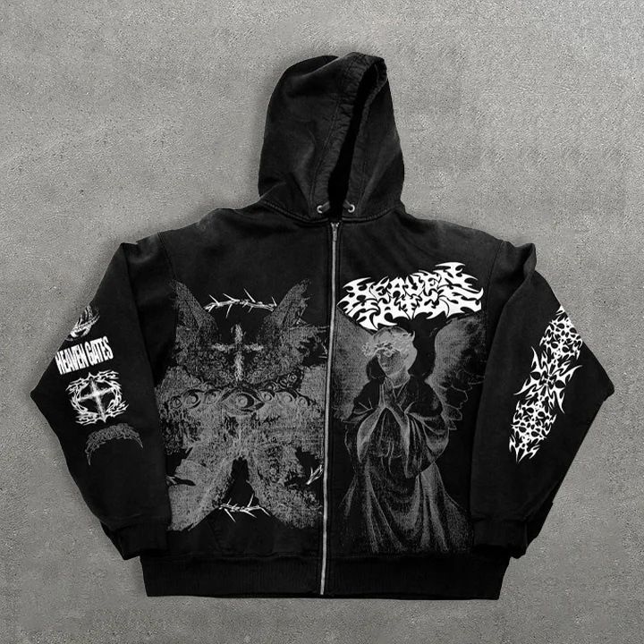 New Angel Print Hoodie Zipper Unisex Loose Sweater Y2K Retro Style_voghion.com