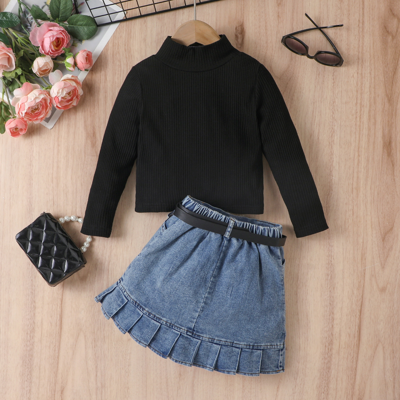 Kinderkleid Mädchen Einfarbig Weste Langarm Top Denim Offene Tasche Faltenrock Anzug_voghion.com
