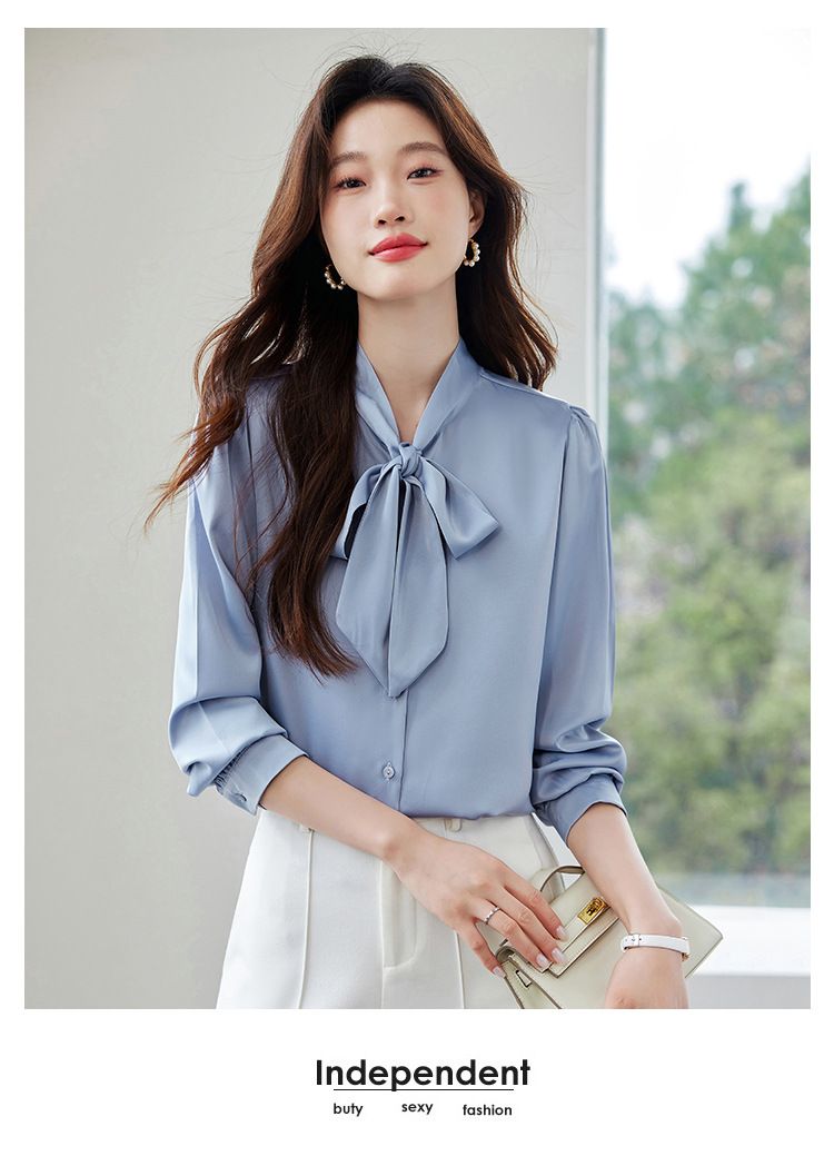 K New Bow Tie Design Women's Shirt; Minority Professional Style Satin Blouse With Sash_voghion.com