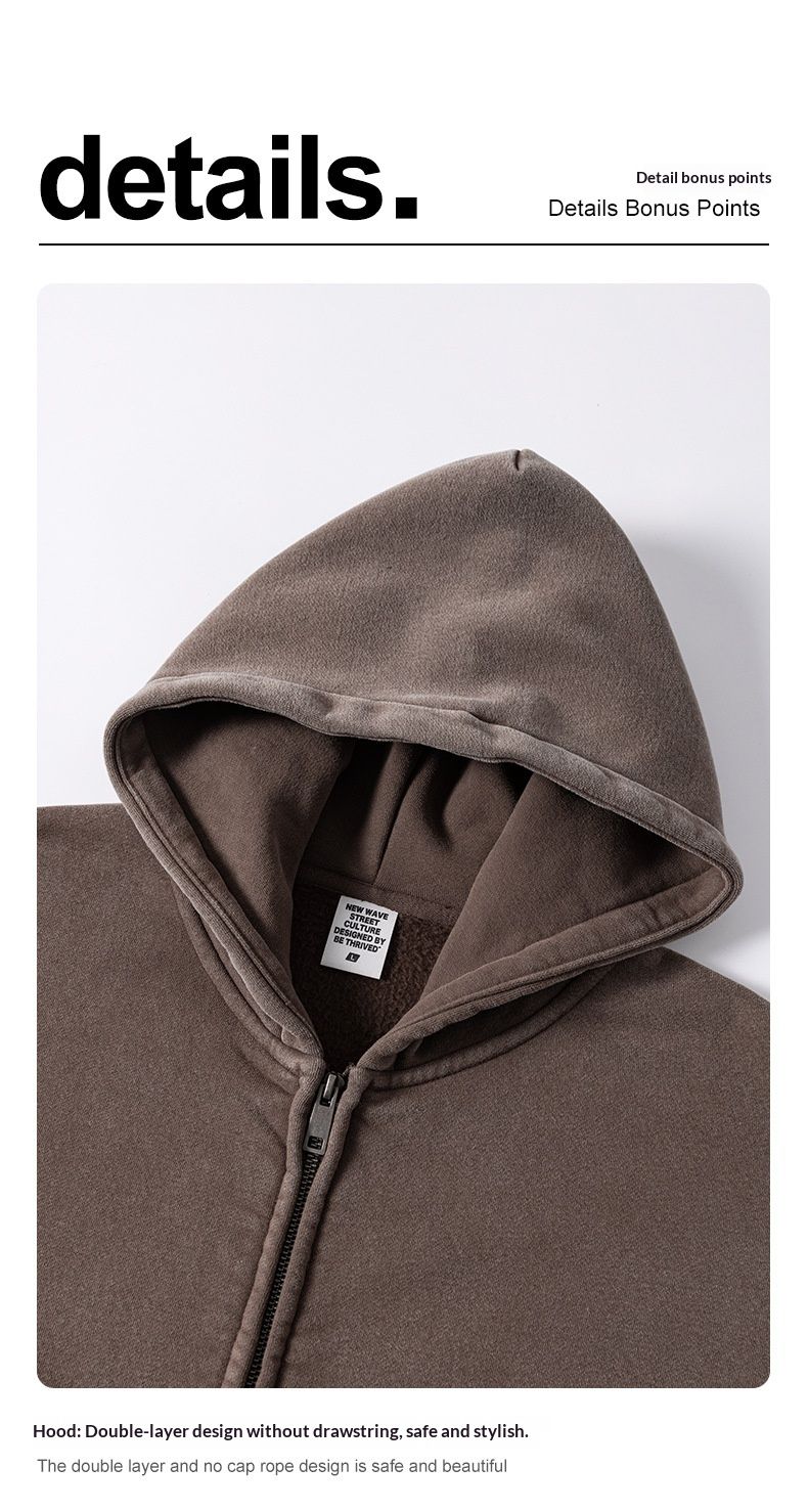 BE Men's Clothing|2025 European And American Retro Washed Vintage Boxy Fit Fleece-Lined Hooded Sweatshirt Double-Zip_voghion.com