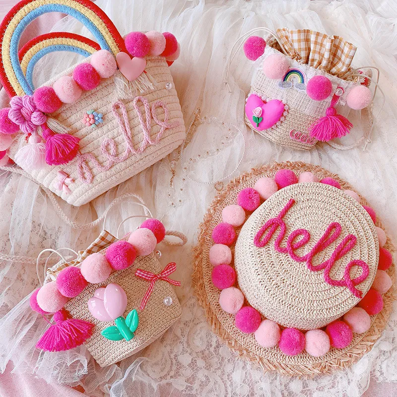 Backpacks Korean Style Colorful Lace Beach Bag For Children Tulip Vanilla Hat Bucket Summer Weave Handbag Kids Bags_voghion.com