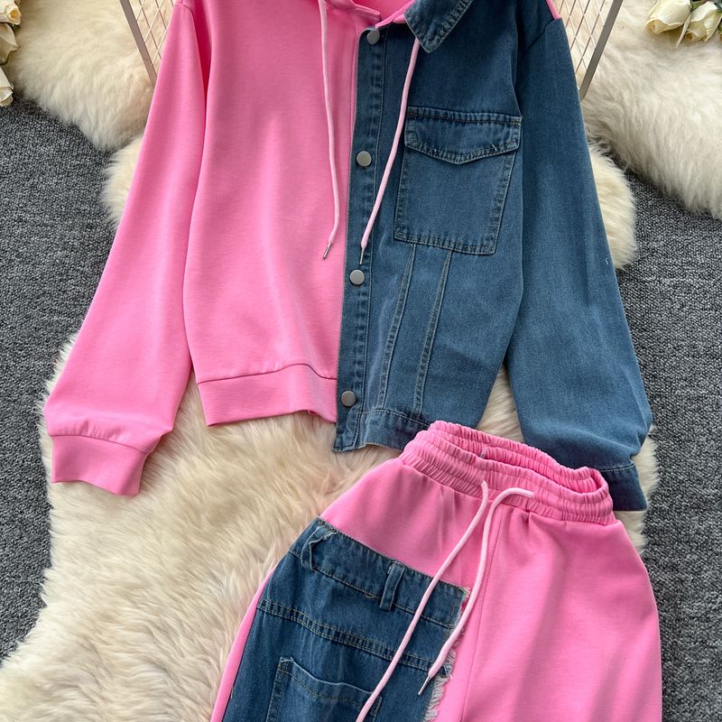 Casual Suit For Women Fashionable Design Splicing Hooded Sweatshirt High Waist Denim Splicing Wide Leg Pants Two Piece Set_voghion.com