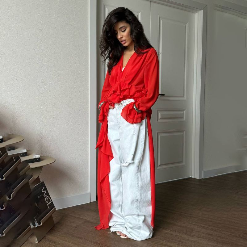 Blusa elegante de gasa holgada con cuello en V, mangas acampanadas y volantes en el bajo - Top bohemio oversize de moda para mujer_voghion.com