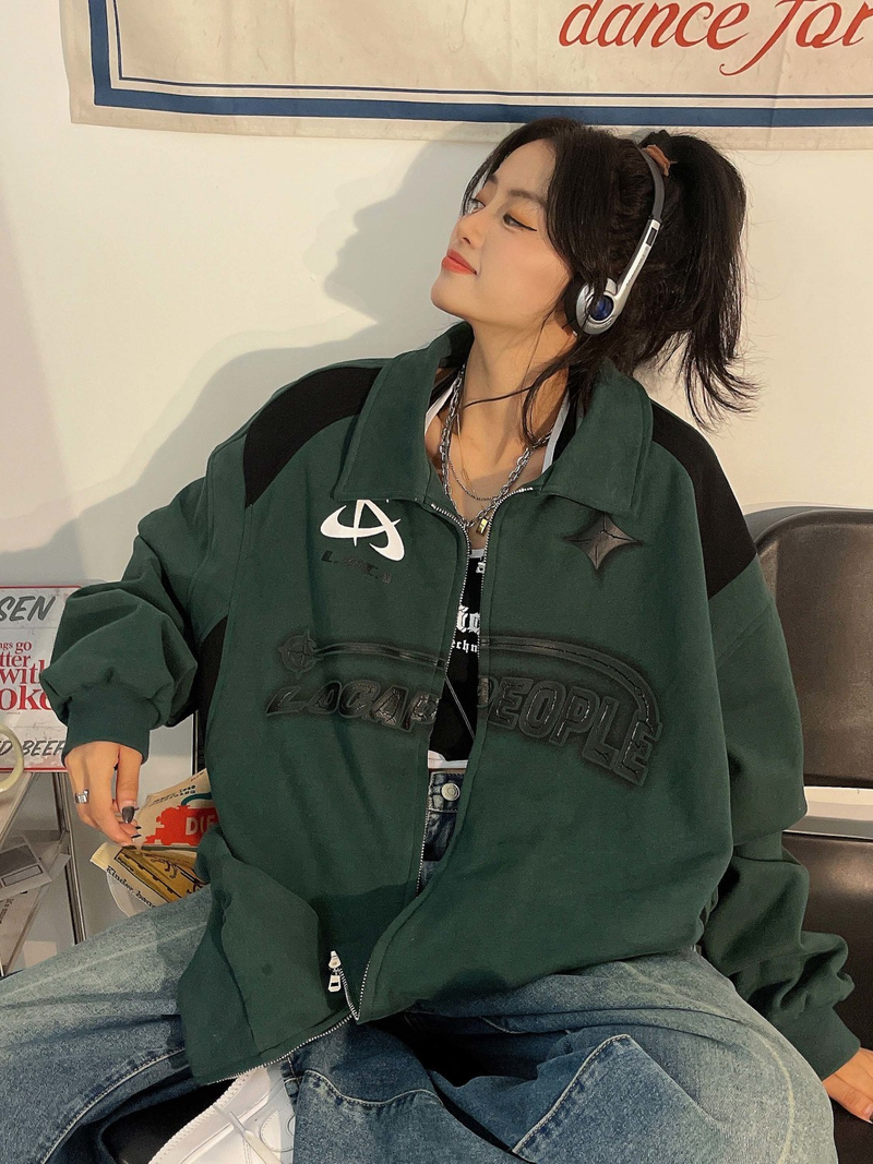 Jauna burtu apdrukas rāvējslēdzēja lielizmēra jaka sievietēm Y2K Retro Hip Hop vaļīga tendences jaka korejiešu modes ielas ikdienas jaka_voghion.com