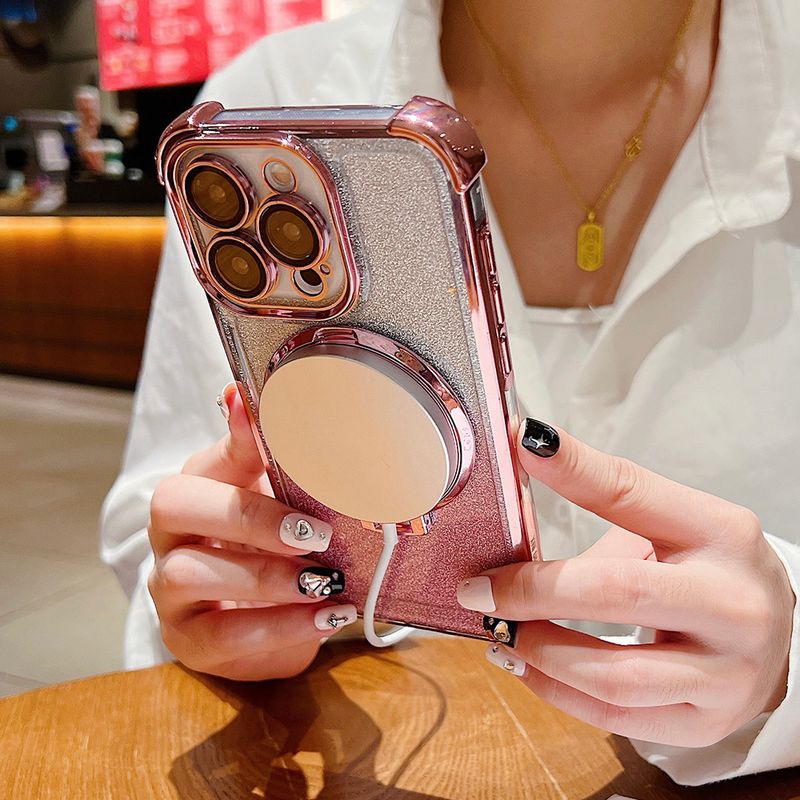 Custodia magnetica Magsafe con glitter sfumato per iPhone 15 14 13 12 11 Pro Max Plus con placcatura per ricarica wireless e supporto per telefono_voghion.com