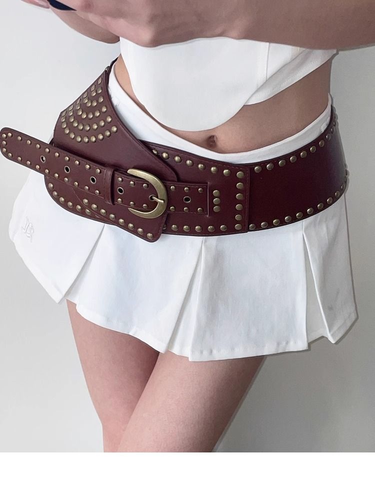 Women's Wide Belt Retro High-end Fashion All-match Decorative Fashion Dress Trendy Rivet Punk Style Belt_voghion.com