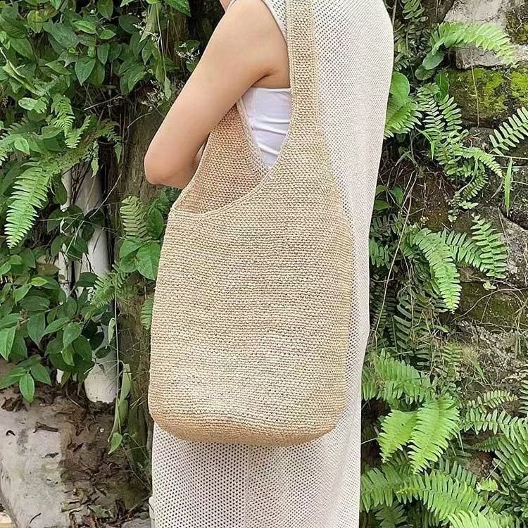 Borsa a secchiello in paglia da vacanza, grande capacità, versatile, monospalla, in rafia intrecciata, 2025_voghion.com