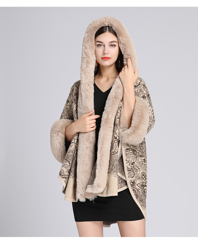Cardigan in lana di grandi dimensioni con collo a scialle con cappuccio jacquard in pelliccia di coniglio rex di nuovo stile per donna_voghion.com